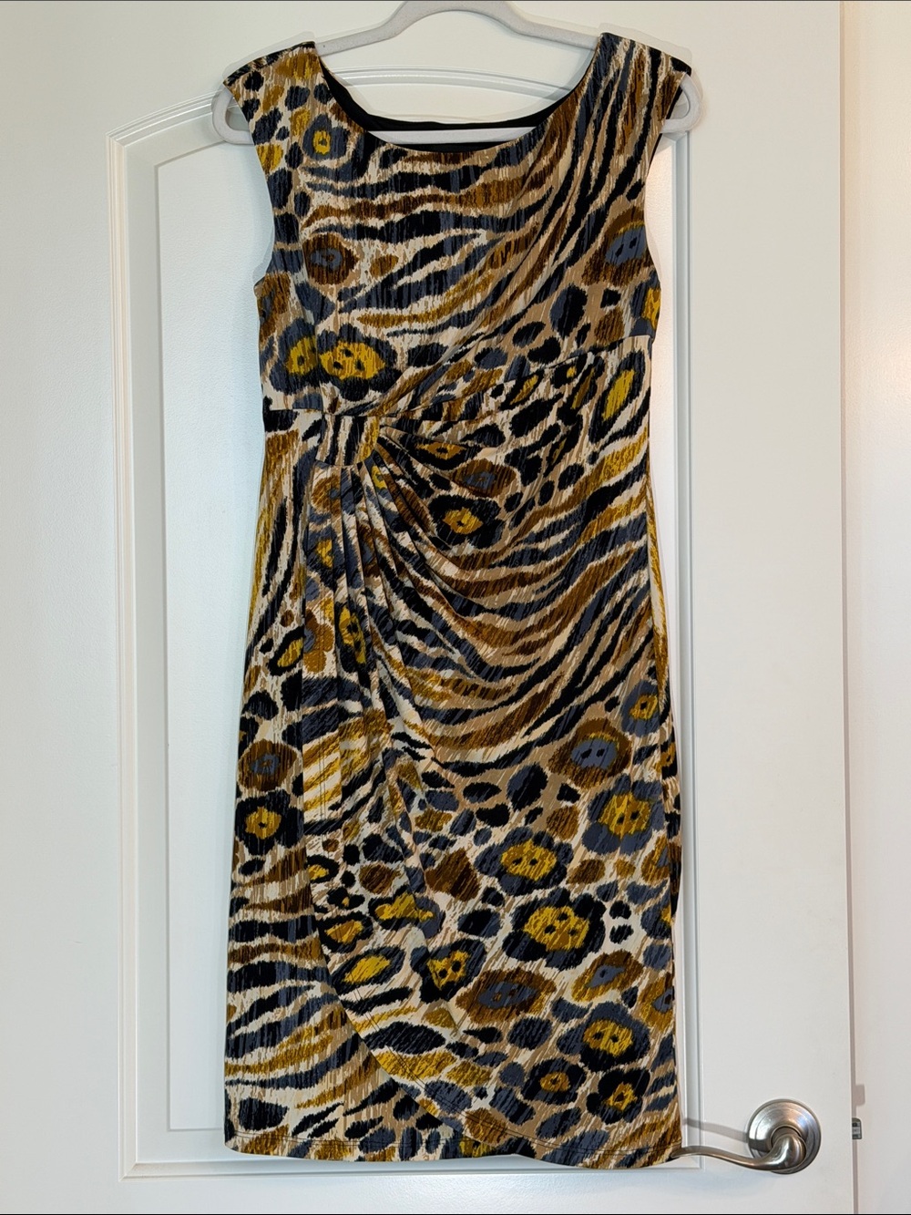 connected apparel Animal-Print Midi Sheath Dress in Brown, Mustard & Black